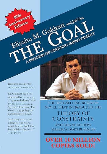 Book cover of 'The Goal' by Eliyahu M. Goldratt and Jeff Cox, featuring the authors' names, a photograph of a man, and promotional text highlighting the book's impact on management and business practices.