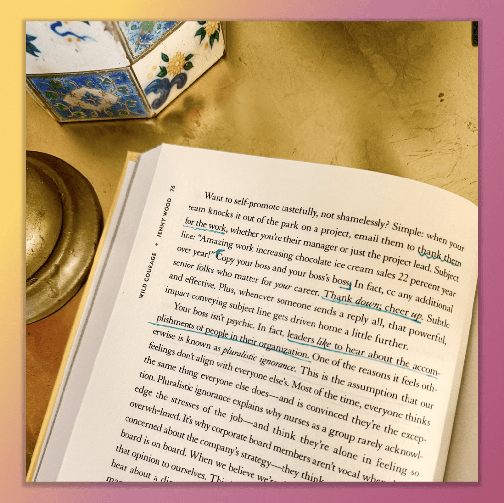 A photo of an open book highlighting advice on self-promotion, gratitude, and how leaders notice team achievements.