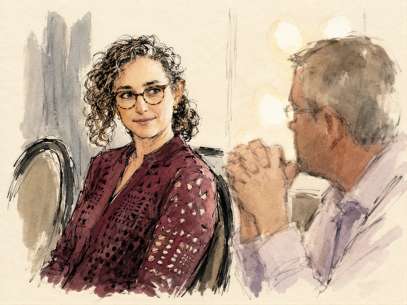 Watercolor line-art illustration of Jenny Wanger in a coaching conversation with a product leader