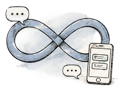Hand-drawn icon of an infinity symbol with a phone and chat bubbles