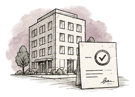 Hand-drawn icon of an office building with a signed approval document