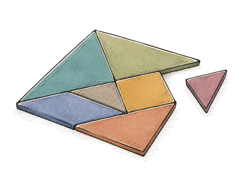 Watercolor tangram puzzle with its pieces coming together